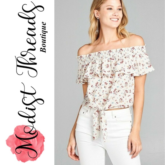 Off The Shoulder Smocked Detail Floral Print Top - Picture 1 of 1